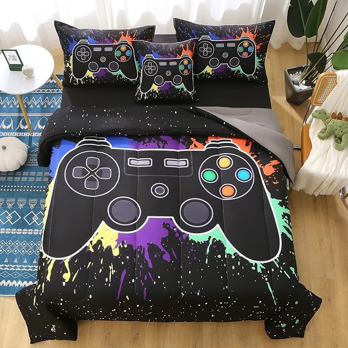 JQinHome Twin Gamer Comforter Sets for Boys&Girls ,6 Piece Bed in A Bag 3D Video Game Bedding -All Season Microfiber Gamer Bedding Sets for Kids, with Pillowcase, Flat & Fitted Sheet,Cushion Cover