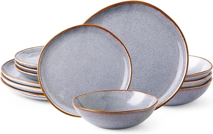 AmorArc Ceramic Dinnerware Sets,Handmade Reactive Glaze Plates and Bowls Sets,Highly Chip and Crack Resistant | Dishwasher & Microwave Safe Dishes Set, Service for 4 (12pc)