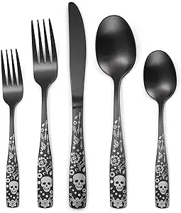 OIULO Pattern Matte Silverware Set for 8,40-Piece Gothic Skull Black Flatware set,Skeleton Flower Unique Pattern Design,Satin Finish Knives Forks Spoon Cutlery Halloween Event Tableware Fine Utensils
