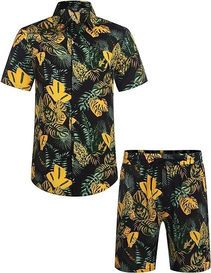 COOFANDY Men's Hawaiian 2-Piece Short Set Cruise Wear Short Sleeve Button Down Shirts and Shorts
