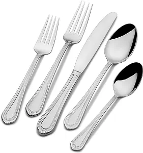 Mikasa Regent Bead 65 Piece Silverware Set, 18.10 Polished Mirror Stainless Steel, Service for 12 with Serving Set