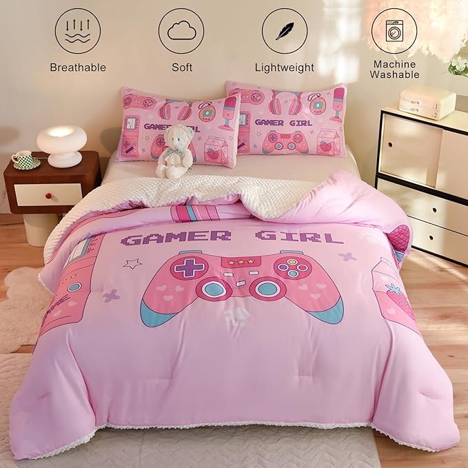Cyusri Video Game Twin Size Comforter Set for Girls Kids Teens 3D Gaming Controller Pattern Gamepad Print Bedding Set- 3 Piece Pink Quilt with 2 Pillowcases (68"x90")