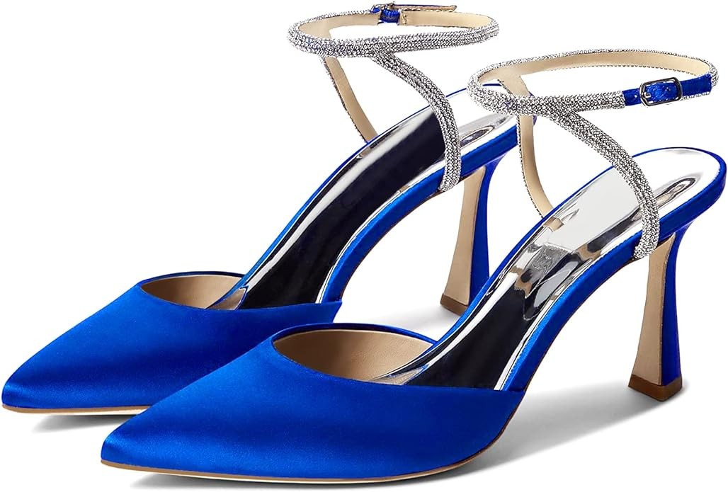 Coutgo Women Rhinestone Heels Kitten High Satin Pumps Pointed Toe Sparkly Sexy Wedding Dress Shoes