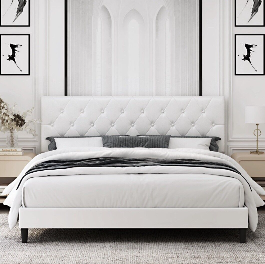 White Faux Leather Upholstered Button Tufted Low Profile Platformed Bed Frame
