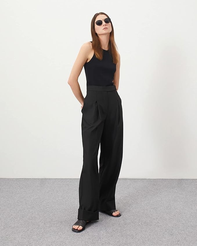 JEAAMKSSER Women’s Wide Leg Trousers Pants High Waisted Black Business Work Straight Leg Long Pants