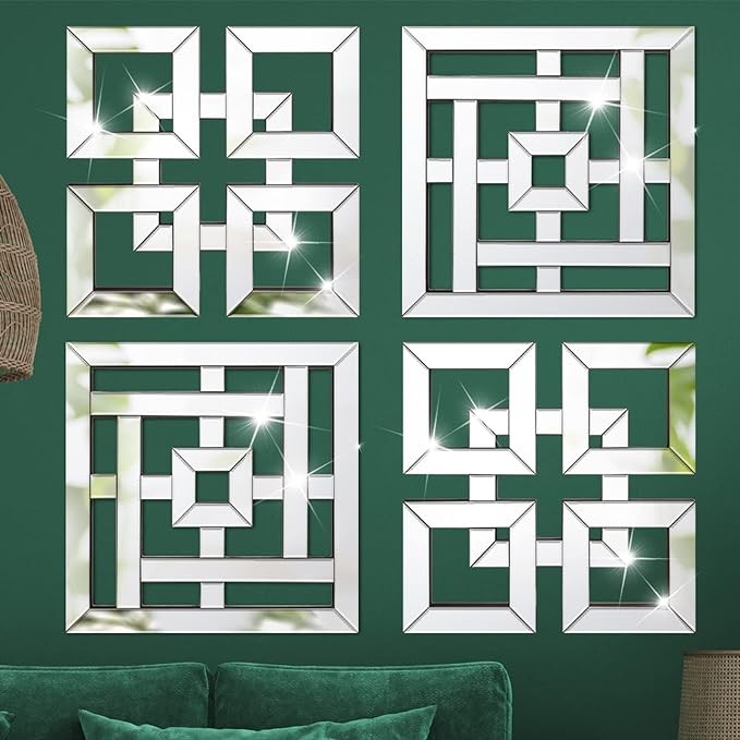 Geelin 4 Pcs Silver Mirror Wall Decor for Living Room, 1.2 Inch Thick Square Mirrored Wall Decor 12 x 12 Inch Decorative Mirrors for Wall Decor DIY Modern Art Wall Mounted Mirrors for Home Bedroom