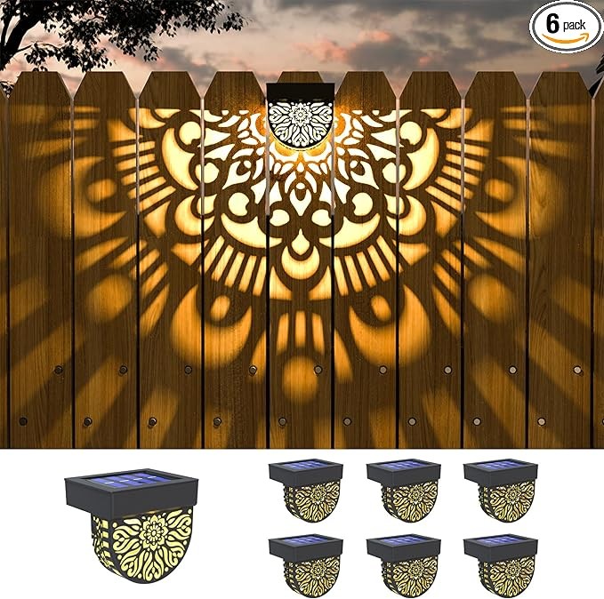 EKQ 6 Pack Solar Fence Lights Solar Outdoor Wall Lights Plastic Solar Powered Deck Step Stair Lights Moon Theme Waterproof Fence Solar Light for Garden Post Patio Backyard Yard Decor (Black, 6 Pack)