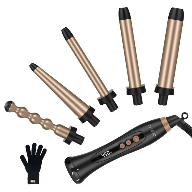 Prizm 5-in-1 Curling Iron Wand Set, LED Display, 11 Temp Settings, 0.6 to 1.25 Inch Interchangeable Tourmaline Ceramic Barrels, Hair Curler for Wavy/Air Bang/Ringlet/Spiral with Heat Resistant Glove