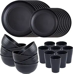 Supernal Wheat Straw Dinnerware Sets,Unbreakable Dinner Plates for 8,Microwave Dishwasher Safe,Reusable Dinnerware,Black Set 16pcs Plates, 8pcs Bowls, 8pcs Cups.